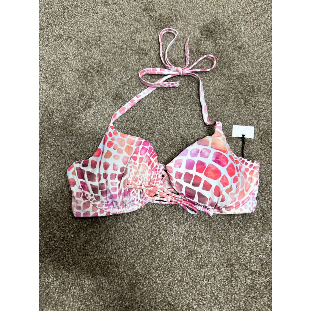 Shade & Shore Bikini Top Women 34D Pink Geometric Underwire Halter Swim Top